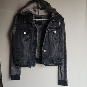 Maurices Cropped Charcoal Denim Jacket with Heathered Hoodie